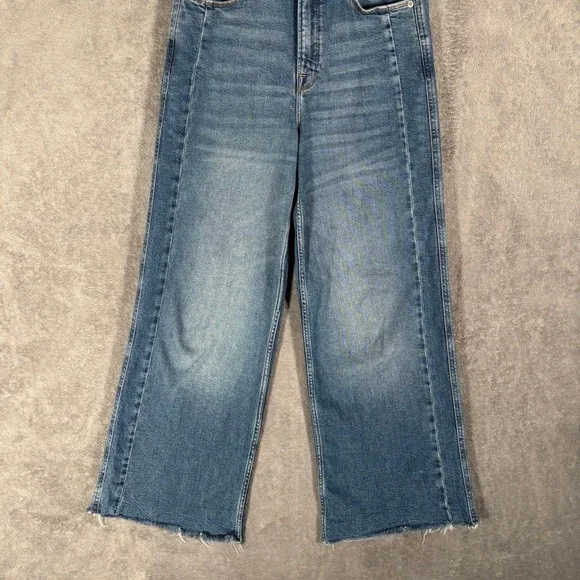 Good American Good Skate Crop Jeans Womens 0/25 Blue High Rise Wide Leg Raw Hem - Picture 7 of 14